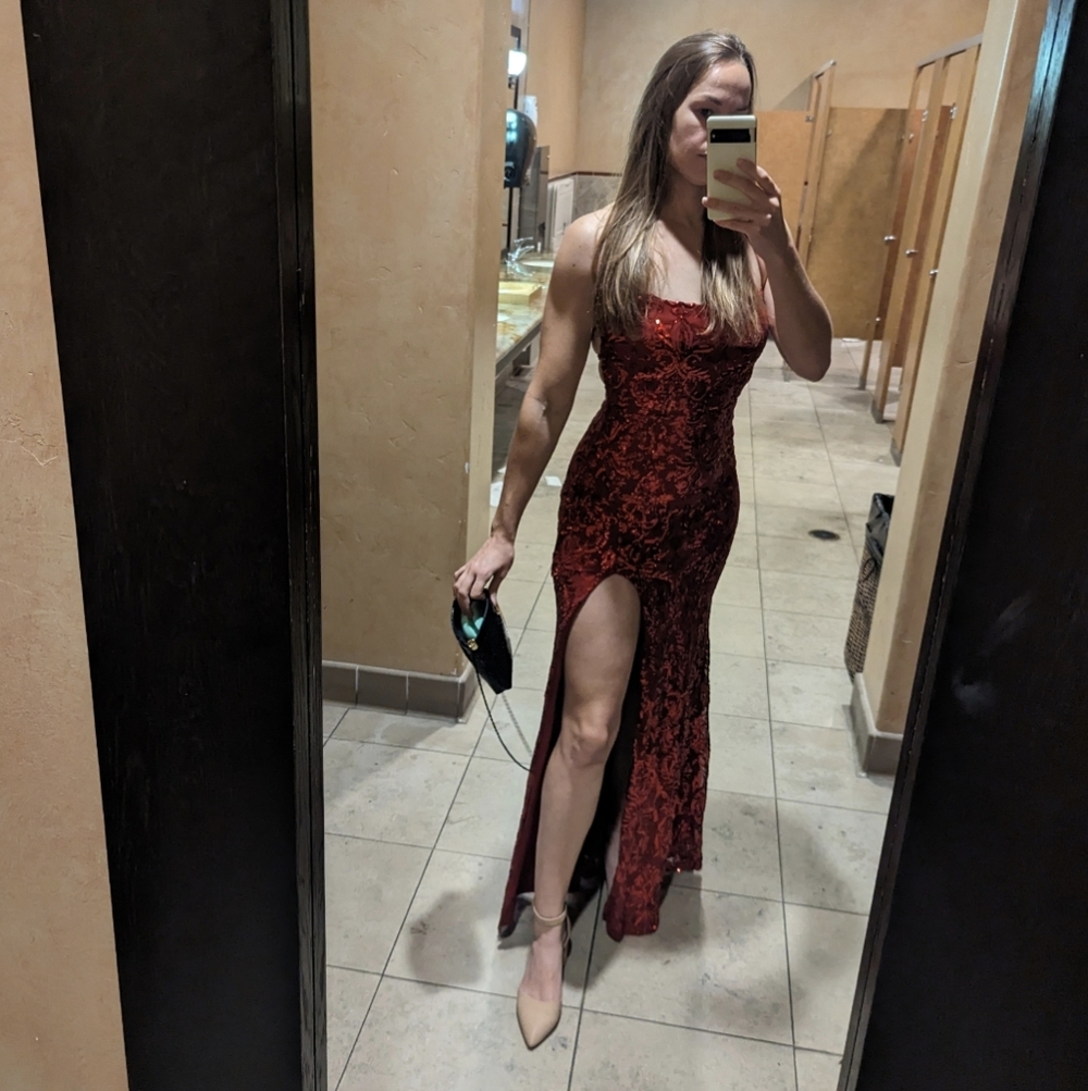 Windsor Red Velvet Dress with High Thigh Slit